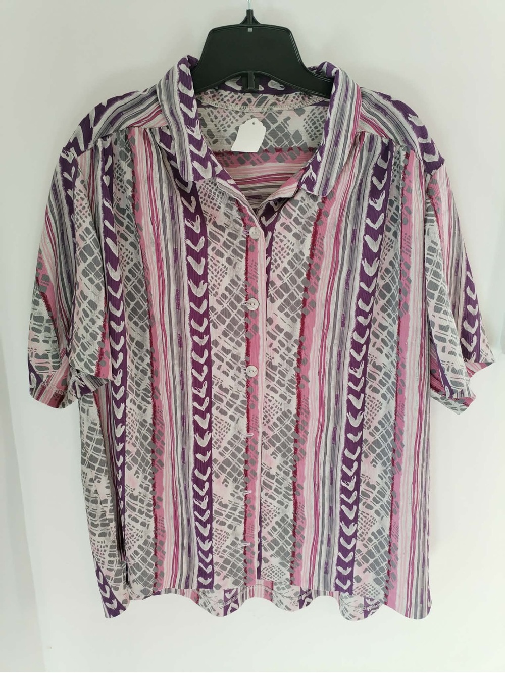 Women’s Vintage Short Sleeve Pink Grey and Purple Striped Shirt - Size 1X